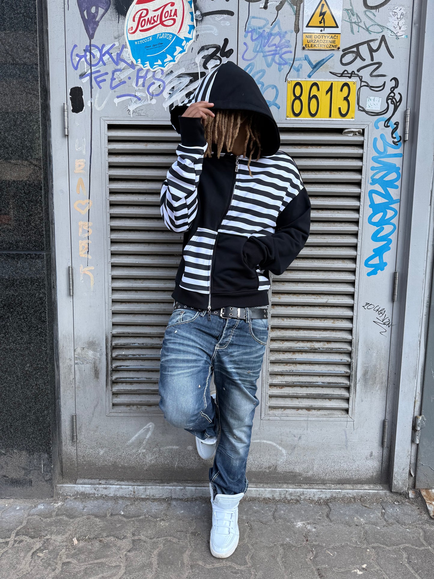 Asymmetric striped zip hoodie